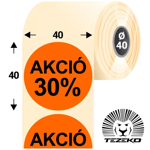 40 mm-es kör, papír címke, fluo narancs színű, Akció 30% felirattal (1000 címke/tekercs)
