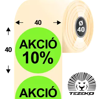 40 mm-es kör, papír címke, fluo zöld színű, Akció 10% felirattal (1000 címke/tekercs)