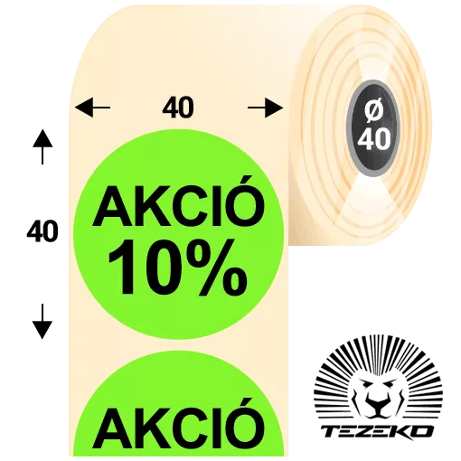 40 mm-es kör, papír címke, fluo zöld színű, Akció 10% felirattal (1000 címke/tekercs)