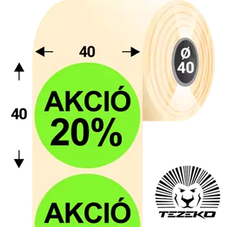 40 mm-es kör, papír címke, fluo zöld színű, Akció 20% felirattal (1000 címke/tekercs)