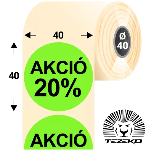 40 mm-es kör, papír címke, fluo zöld színű, Akció 20% felirattal (1000 címke/tekercs)