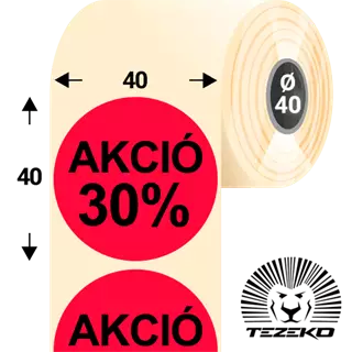 40 mm-es kör, papír címke, fluo piros színű, Akció 30% felirattal (1000 címke/tekercs)