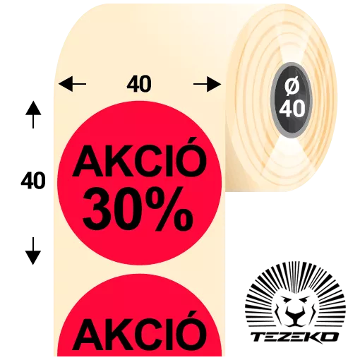 40 mm-es kör, papír címke, fluo piros színű, Akció 30% felirattal (1000 címke/tekercs)