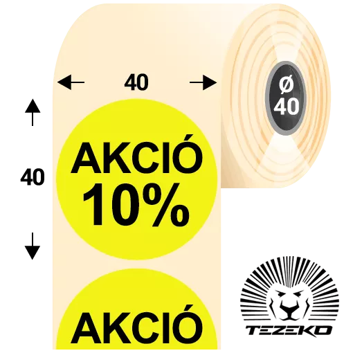 40 mm-es kör, papír címke, fluo citrom színű, Akció 10% felirattal (1000 címke/tekercs)