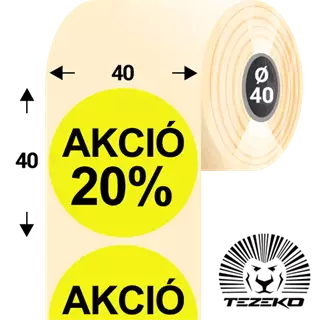 40 mm-es kör, papír címke, fluo citrom színű, Akció 20% felirattal (1000 címke/tekercs)