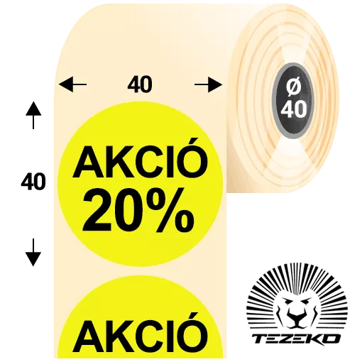 40 mm-es kör, papír címke, fluo citrom színű, Akció 20% felirattal (1000 címke/tekercs)